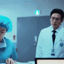 a man in a lab coat has a name tag that says ' dr. ' on it