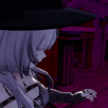 a girl with white hair and black nails is wearing a hat