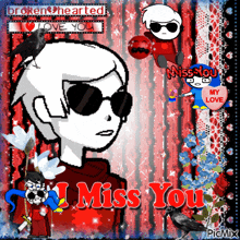 a broken hearted i love you card with a boy wearing sunglasses