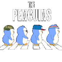 a cartoon of penguins walking across a pedestrian crosswalk with the words the penguins below them