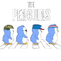 a cartoon of penguins walking across a pedestrian crosswalk with the words the penguins below them