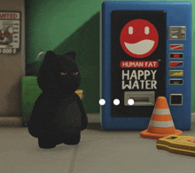 a black cat stands in front of a happy water machine