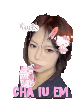 a sticker of a girl with a hello kitty and the words cha iu em on it