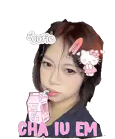 a sticker of a girl with a hello kitty and the words cha iu em on it