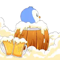 a penguin is sitting in a wooden barrel surrounded by beer mugs