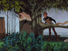 a man and woman are standing under a tree