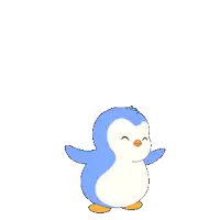 a blue and white penguin with orange legs and feet
