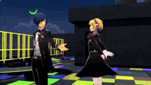 a man and a woman dancing on a rooftop with a crescent moon in the background