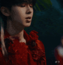 a close up of a person wearing a red ruffled shirt
