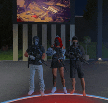a man and two women holding guns in front of a large screen that says ' assault rifle ' on it