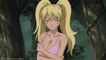 a girl in a pink bra is standing in the woods with the words narutogravy tumblr written below her