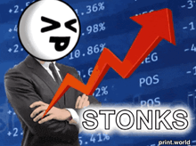 a man in a suit and tie is holding a red arrow with the word stonks written below him
