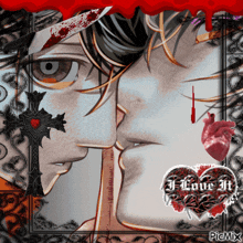 a picture of a man with a bloody knife and a heart that says love