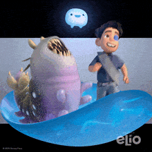 a cartoon of a boy and a monster with the word elio on the bottom right