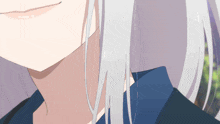 a close up of a person with white hair