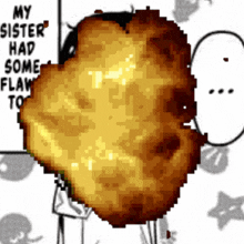 a pixel art of a person with a speech bubble that says my sister had some flaws to