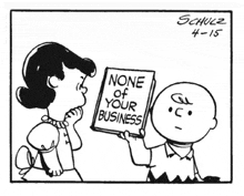 a cartoon of charlie brown and lucy brown holding a book that says " none of your business "