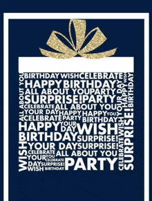 a blue and gold birthday card with a gift box and the words birthday wish celebrate happy birthday surprise party and all about you
