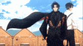 two anime characters are standing next to each other with one wearing a black cape
