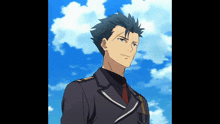 a man in a suit and tie stands in front of a blue sky with clouds