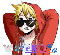 a cartoon drawing of a boy wearing sunglasses and a red hoodie with the word hero written below him