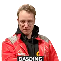 a man wearing glasses and a red jacket that says dasding