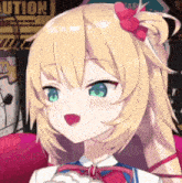 a close up of a blonde anime girl with a caution sign in the background