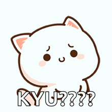 a cartoon cat with a surprised look on its face and the word kyu written below it .