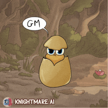 a cartoon drawing of a duck in an egg with a speech bubble that says gm