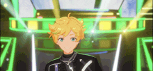 a boy with blonde hair and blue eyes is standing in front of a stage with green lights .