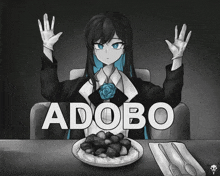 a black and white drawing of a girl sitting at a table with the word adobo on the bottom