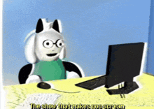 a cartoon character is sitting at a desk in front of a computer with the words " the show that makes you scream " below him