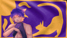a drawing of a girl with cat ears and a cat on a purple and yellow background