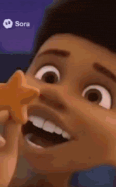 a close up of a cartoon character holding a starfish in his mouth .