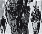 a group of soldiers are walking down a street in a black and white drawing .