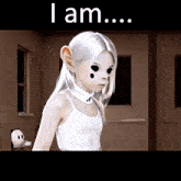 a picture of a girl with black eyes and the words i am
