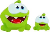 a green frog with blue eyes and a red tongue is next to a smaller frog
