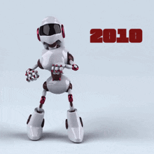 a robot is dancing in front of the year 2010 on a white background