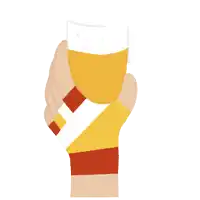 a hand with a bandaged wrist is holding a glass of orange juice