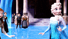 a group of cartoon characters including elsa and anna are standing in front of a building