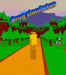 a video game called drug simulator has a yellow character walking down a path