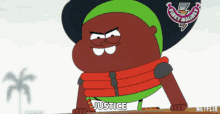 a cartoon character with the word justice written on the bottom