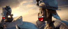 a cartoon character with a big smile on his face is driving a car