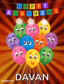 a bunch of balloons with faces and the name davan