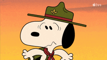 a cartoon of snoopy wearing a hat with a leaf on it