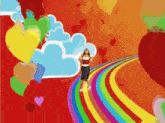 a woman is walking down a rainbow surrounded by hearts and clouds