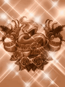 a tattoo of a heart surrounded by roses and birds with the words sweet heart written on it