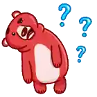 a red teddy bear with three blue question marks around him