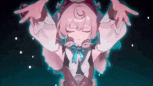 a girl with pink hair is dancing in a video game with her eyes closed and her arms outstretched .
