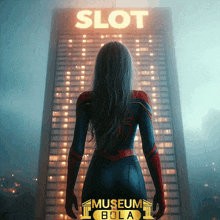 a woman in a superhero costume stands in front of a building that says slot on it